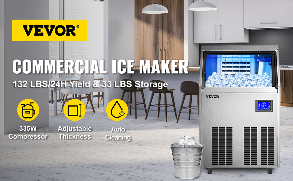 VEVOR Commercial Ice Maker Machine, 100lbs/24h Stainless Steel Under  Counter Ice Maker with 22lbs Storage