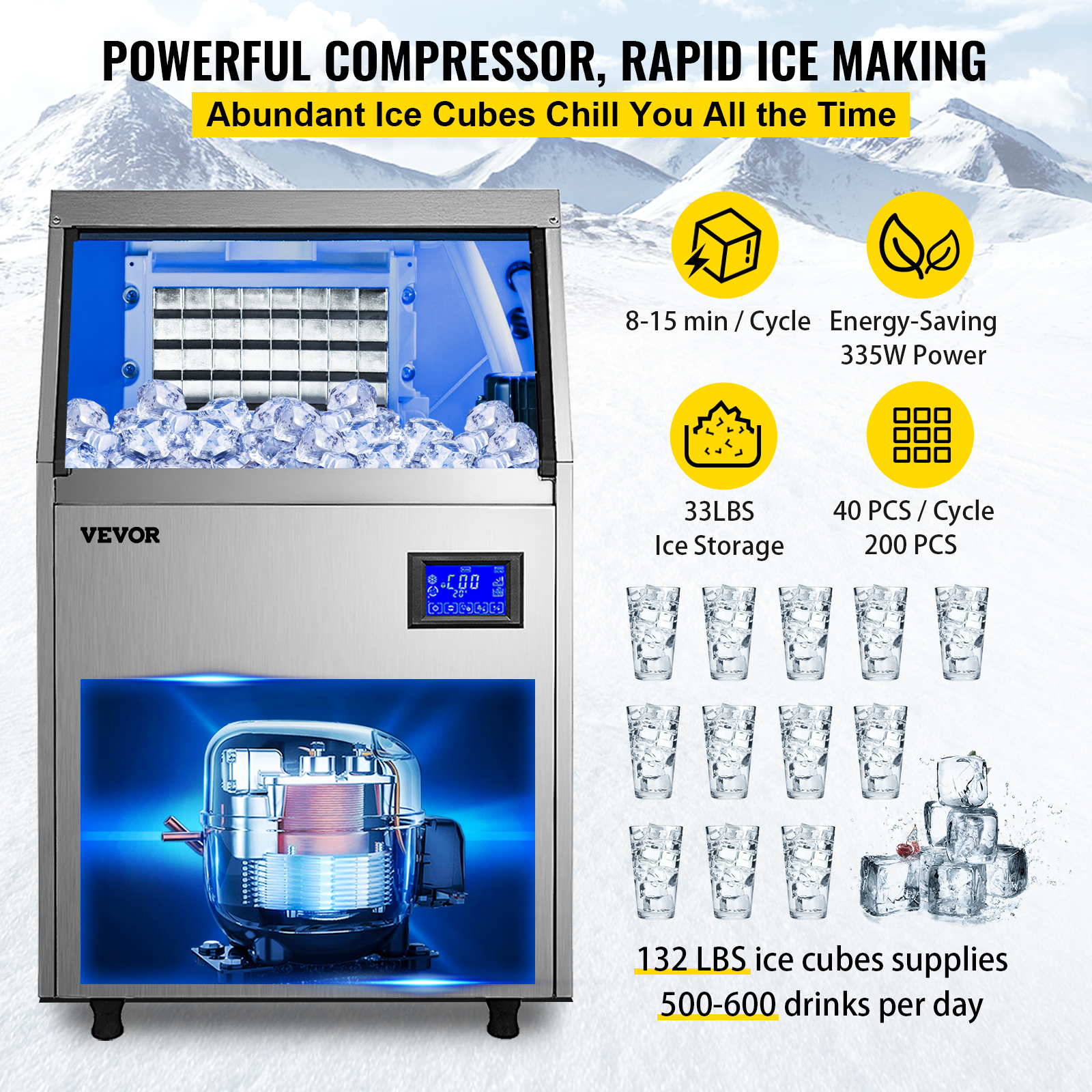 VEVOR 80-150LBS/24H Commercial Ice Maker Built-in Ice Cube Machine 33LBS Storage