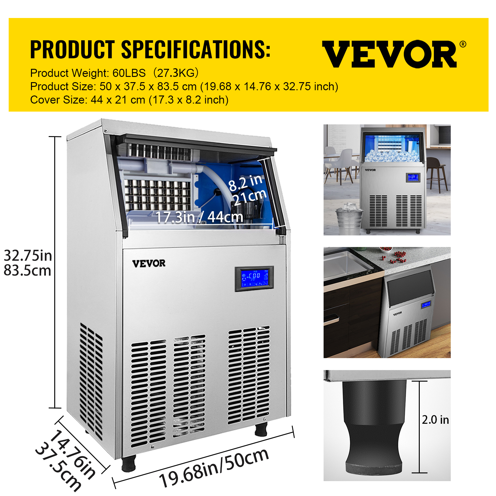 VEVOR 80-150LBS/24H Commercial Ice Maker Built-in Ice Cube Machine 33LBS Storage