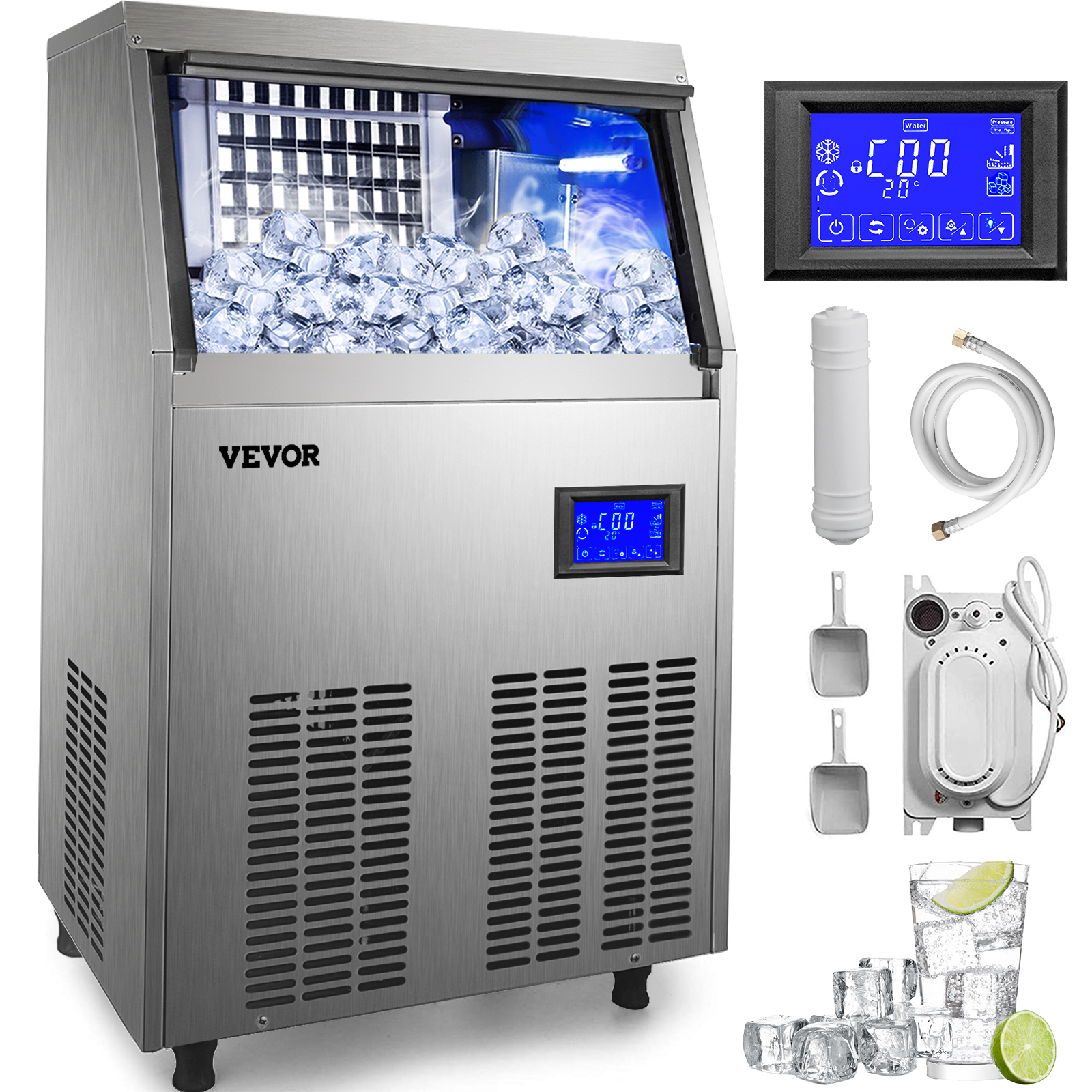 VEVOR máquina de hielo comercial 155lbs en 24H con bomba de drenaje de agua  33LBS de