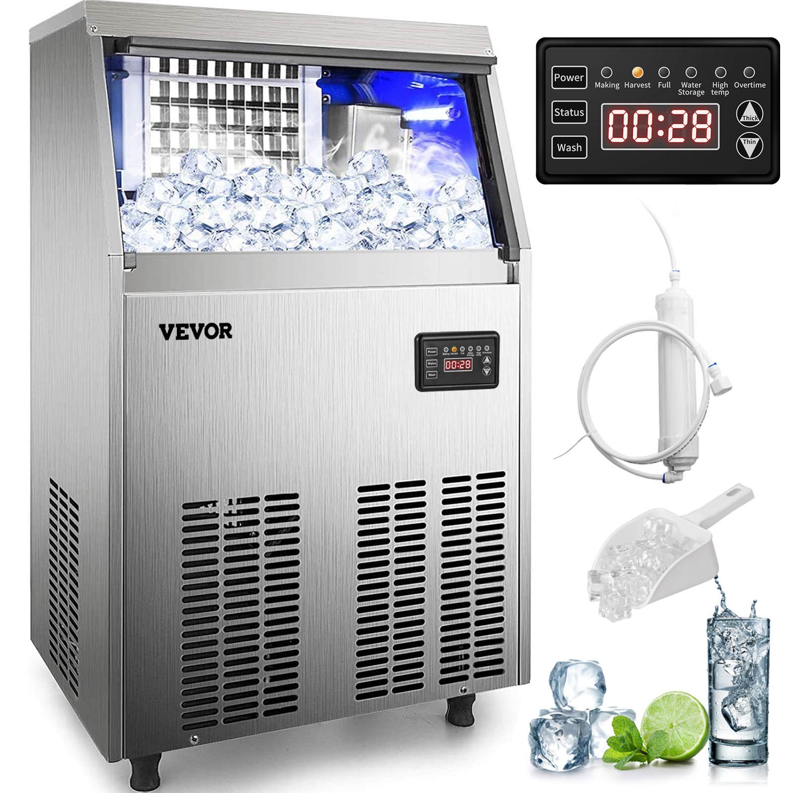 VEVOR 80-150LBS/24H Commercial Ice Maker Built-in Ice Cube Machine 33LBS Storage