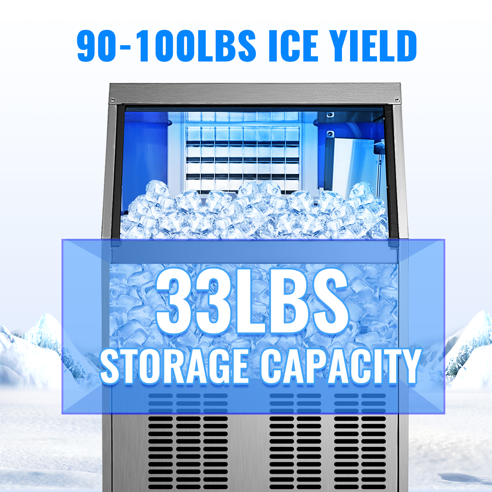 Máquina de hielo comercial de 110 V 90-100 libras/24 horas con cubo de 33  libras, construcción de acero inoxidable resistente, operación automática