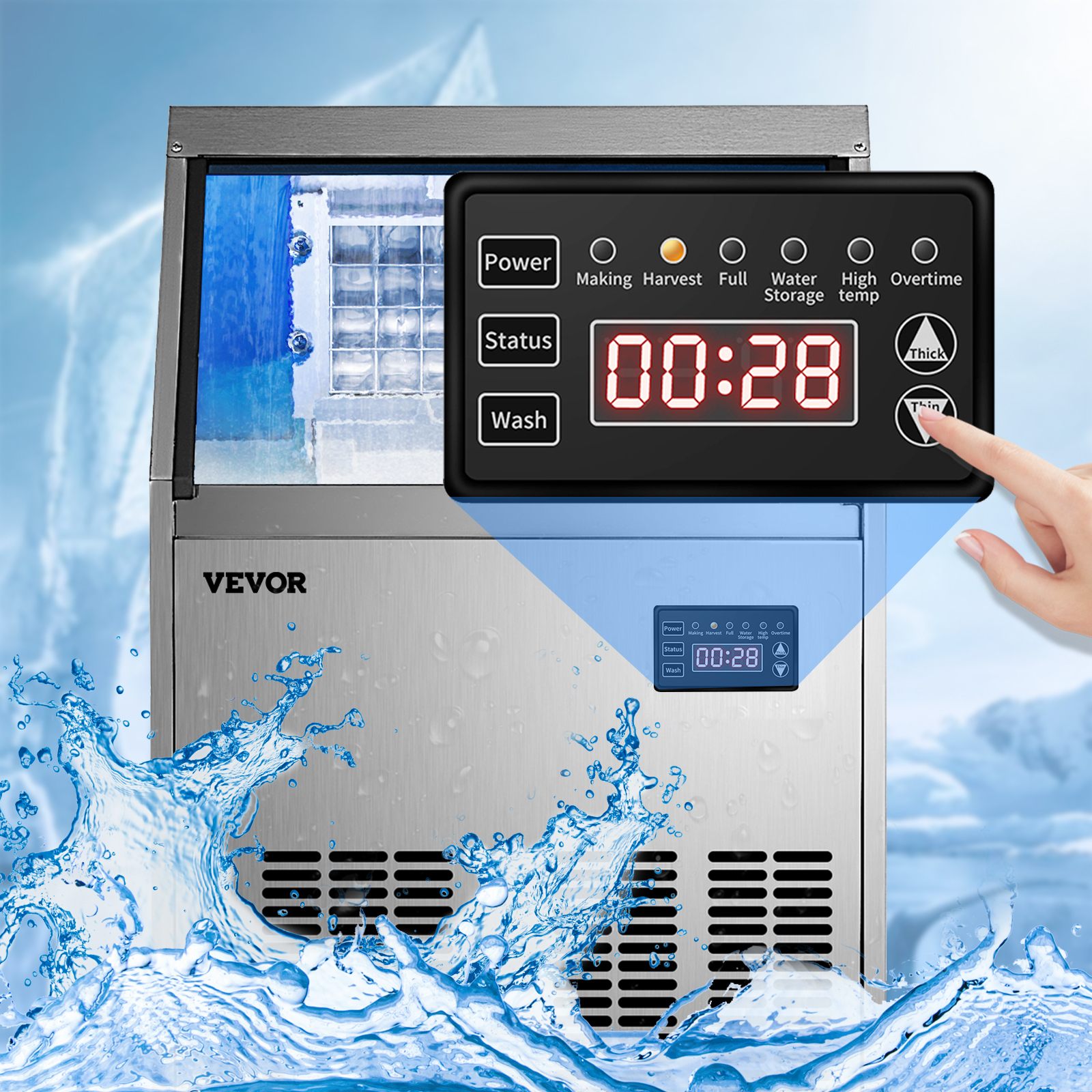 VEVOR Máquina de hielo comercial de 110 V, 110 libras en 24 horas con bomba  de drenaje de agua, almacenamiento de 33 libras, máquina de hielo