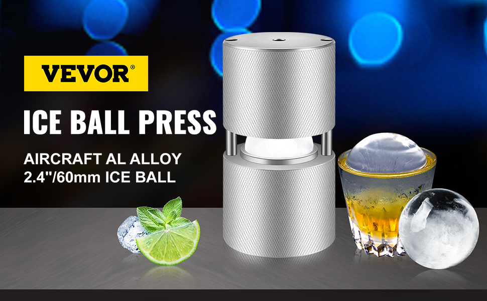 VEVOR Ice Ball Press, 2.4 Ice Ball Maker, Aircraft Al Alloy Ice Ball Press  Kit for 60mm Ice Sphere, Ice Press w/Stainless-Steel Clamp Plate, Silver