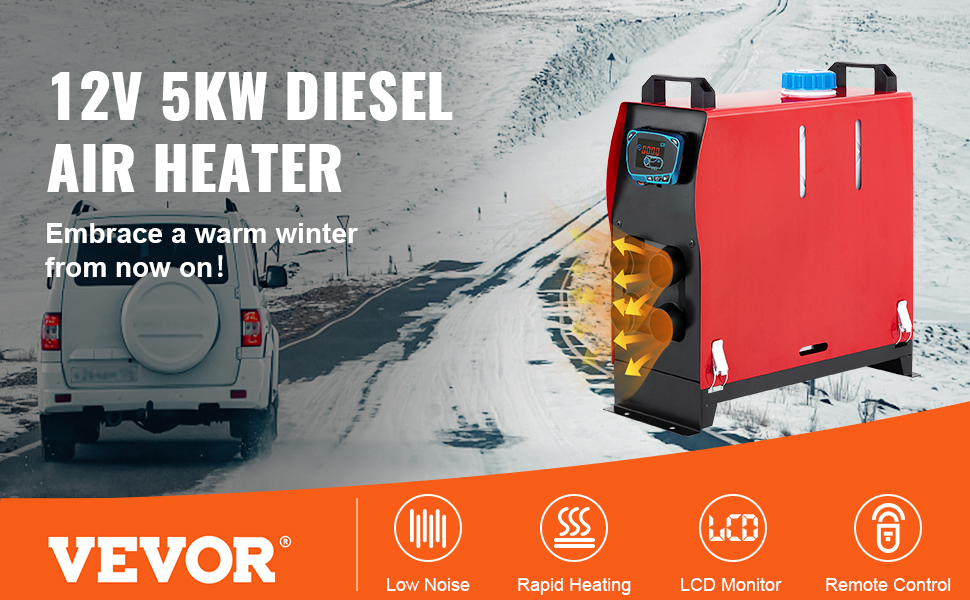 VEVOR 5kw Diesel Air Heater 12V Parking Heater Diesel 4 Holes for Caravan RV  and Bus (12V 5KW with Blue LCD Monitor and Silencer)