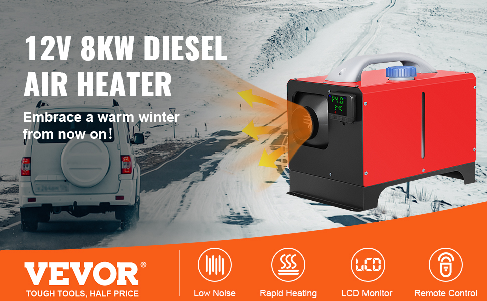 VEVOR Diesel Air Heater All in One, 8KW Diesel Heater 12V, Fast Heating,  Diesel Parking Heater with Black LCD & Remote Control for RV Truck, Boat,  Bus, Trailer and Motorhomes