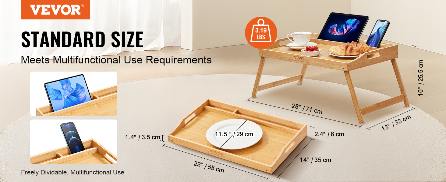VEVOR – plateau de lit en bambou, Table de service pour petit déjeuner,  bureau d'ordinateur portable avec pieds pliables