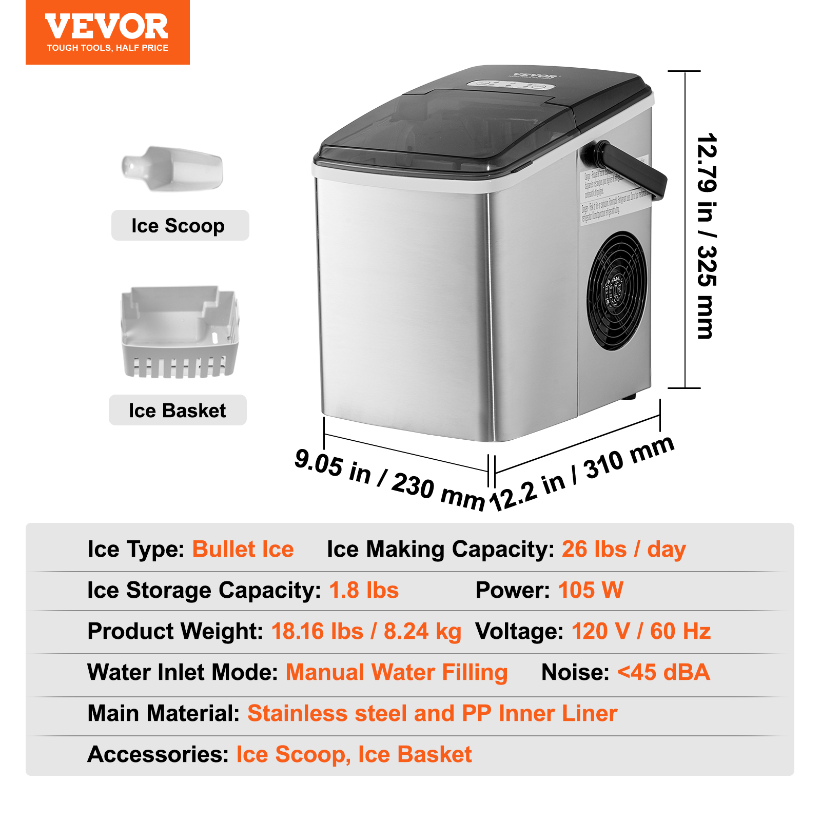 VEVOR Portable Countertop Ice Cube Maker Machine 26/33/37/62Lb/24H Self-Cleaning