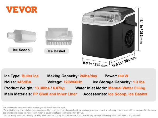 VEVOR Portable Ice Maker: 62lbs in 24Hrs, Auto Self Cleaning