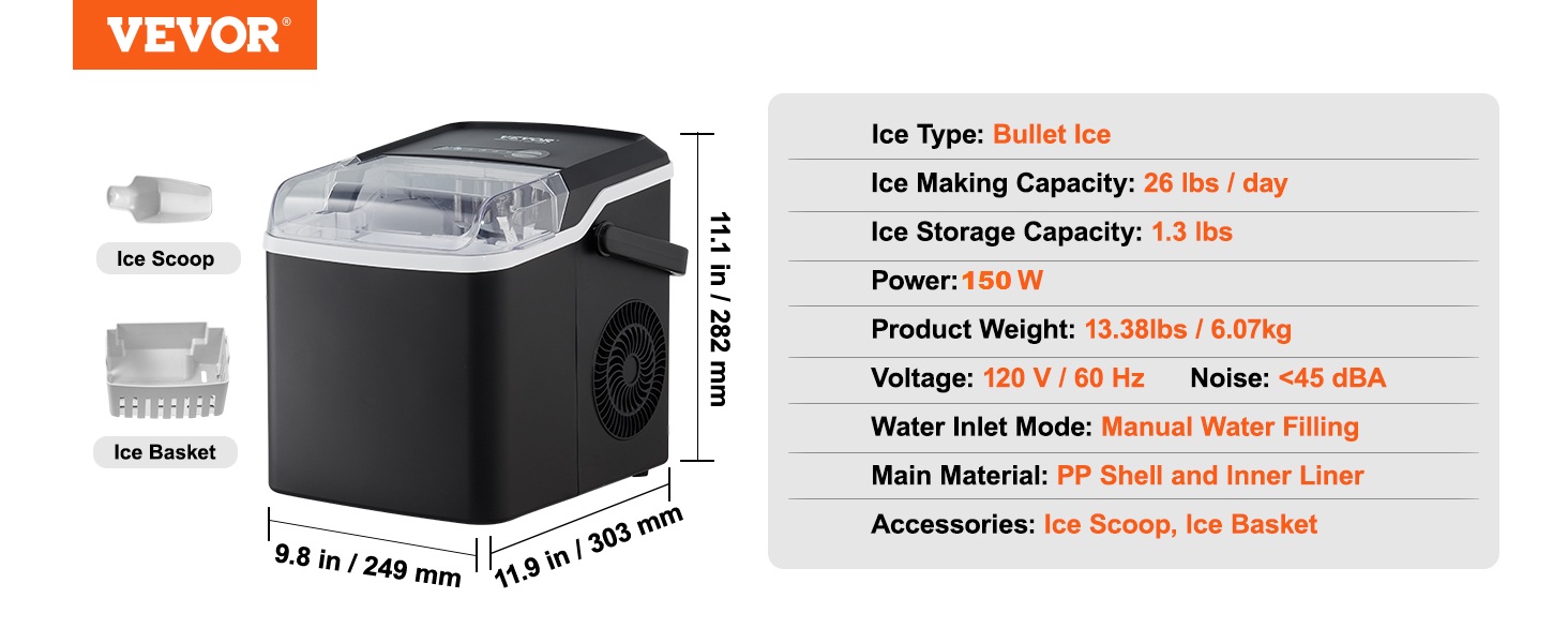 Máquina para hacer hielo en la encimera, 26 libras/24 horas, autolimpieza