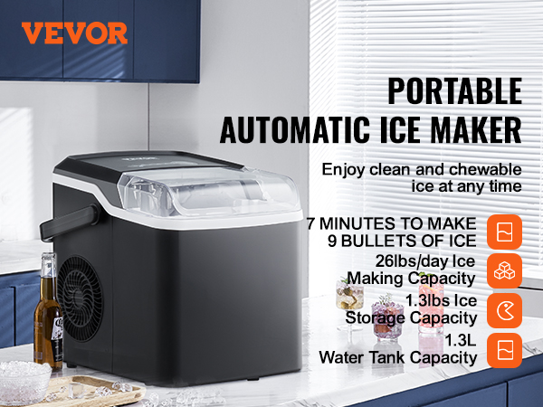 Countertop Ice Maker Machine 6 Mins 9 Bullet Ice, 26.5lbs/24Hrs, Portable, Self-Cleaning, Ice Scoop, and Basket (Black)