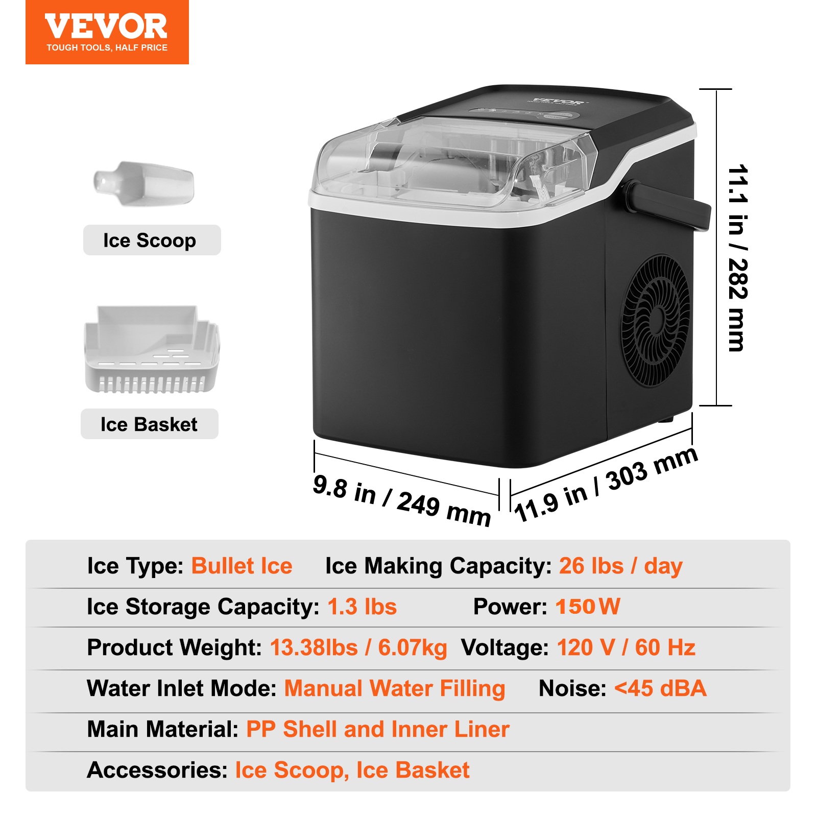 VEVOR Portable Countertop Ice Cube Maker Machine 26/33/37/62Lb/24H Self-Cleaning