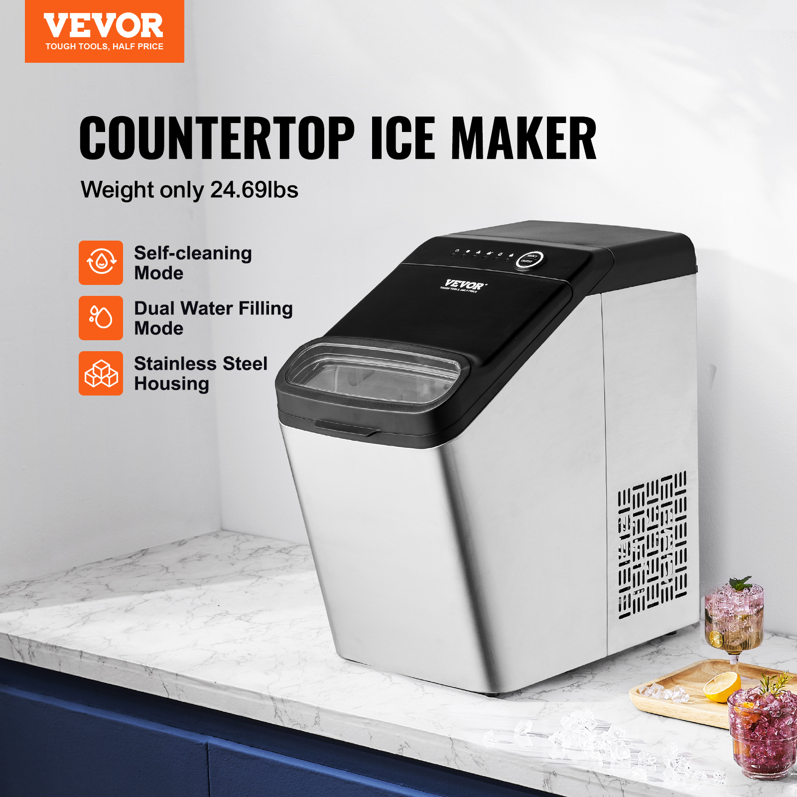 VEVOR Portable Countertop Ice Cube Maker Machine 26/33/37/62Lb/24H Self-Cleaning