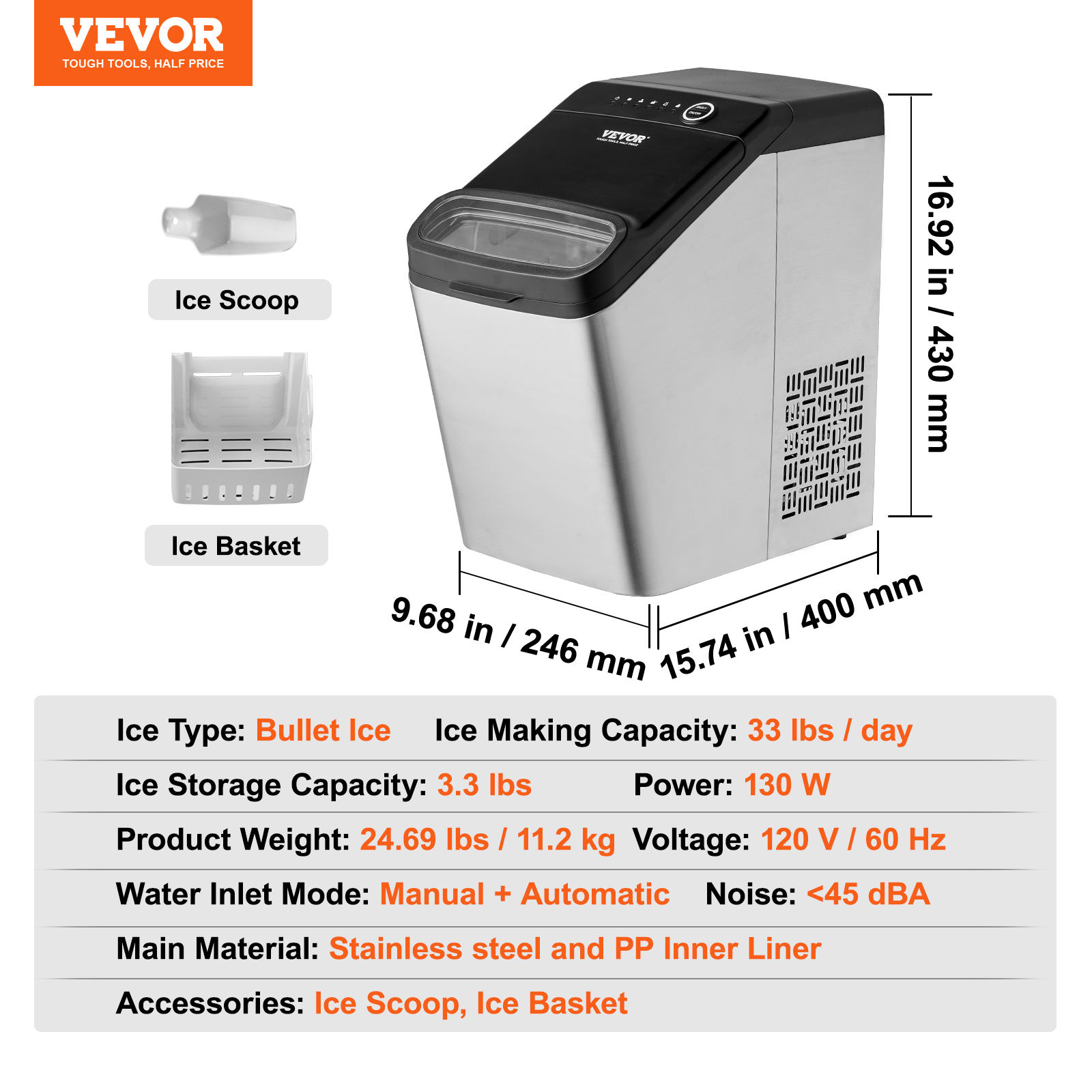 VEVOR Portable Countertop Ice Cube Maker Machine 26/33/37/62Lb/24H Self-Cleaning