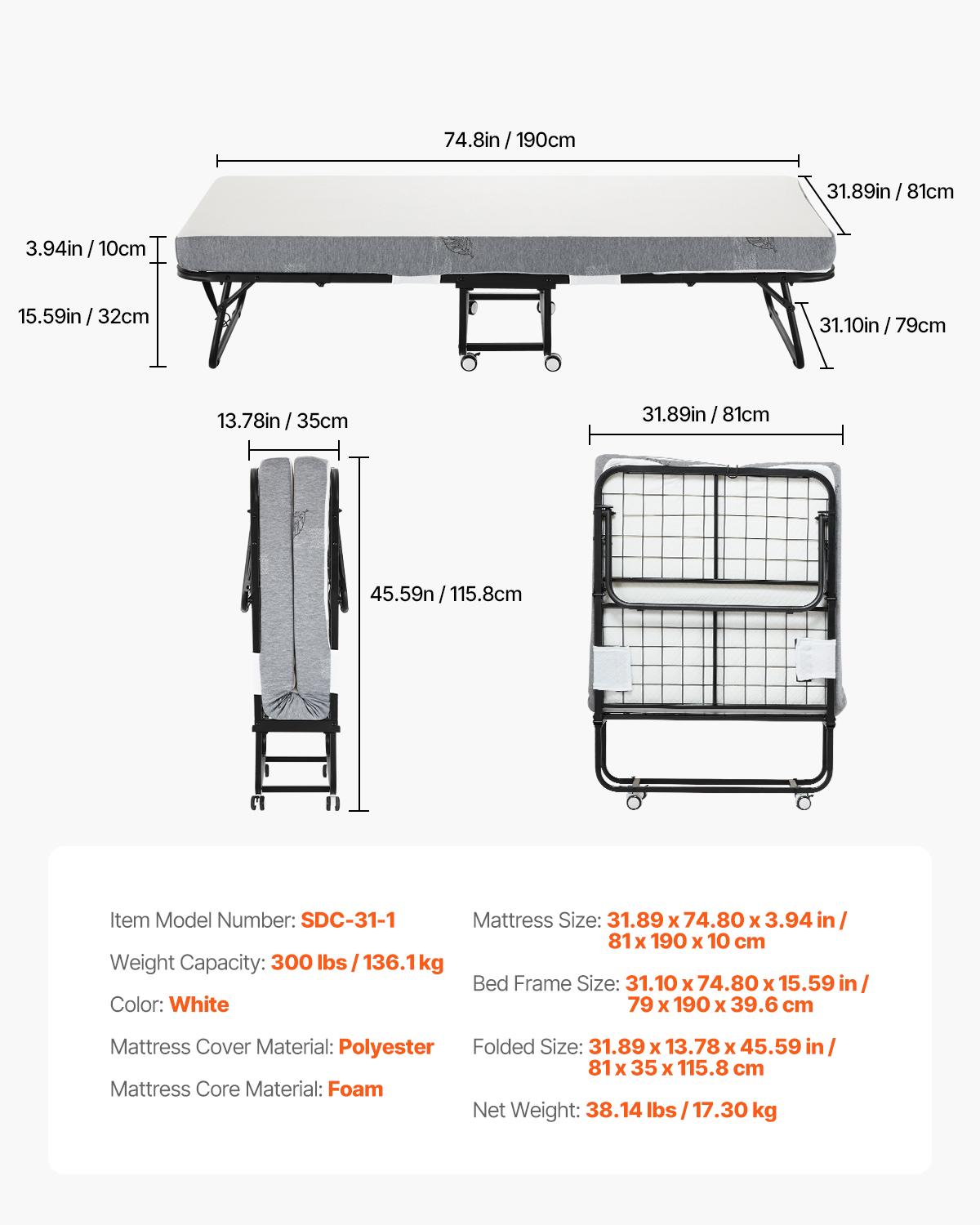 Rollaway Bed Folding Bed with 4/5 inches Foam Mattress for Adults and Guest - Picture 31 of 60