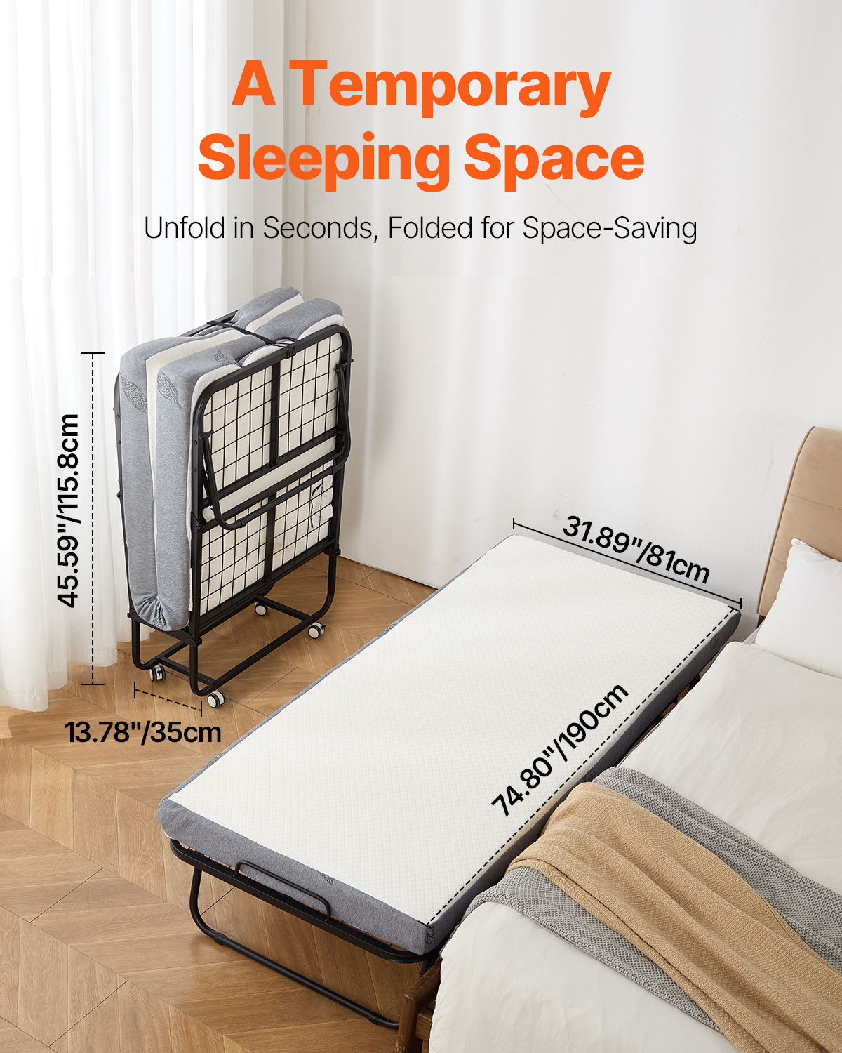 Rollaway Bed Folding Bed with 4/5 inches Foam Mattress for Adults and Guest - Picture 38 of 60