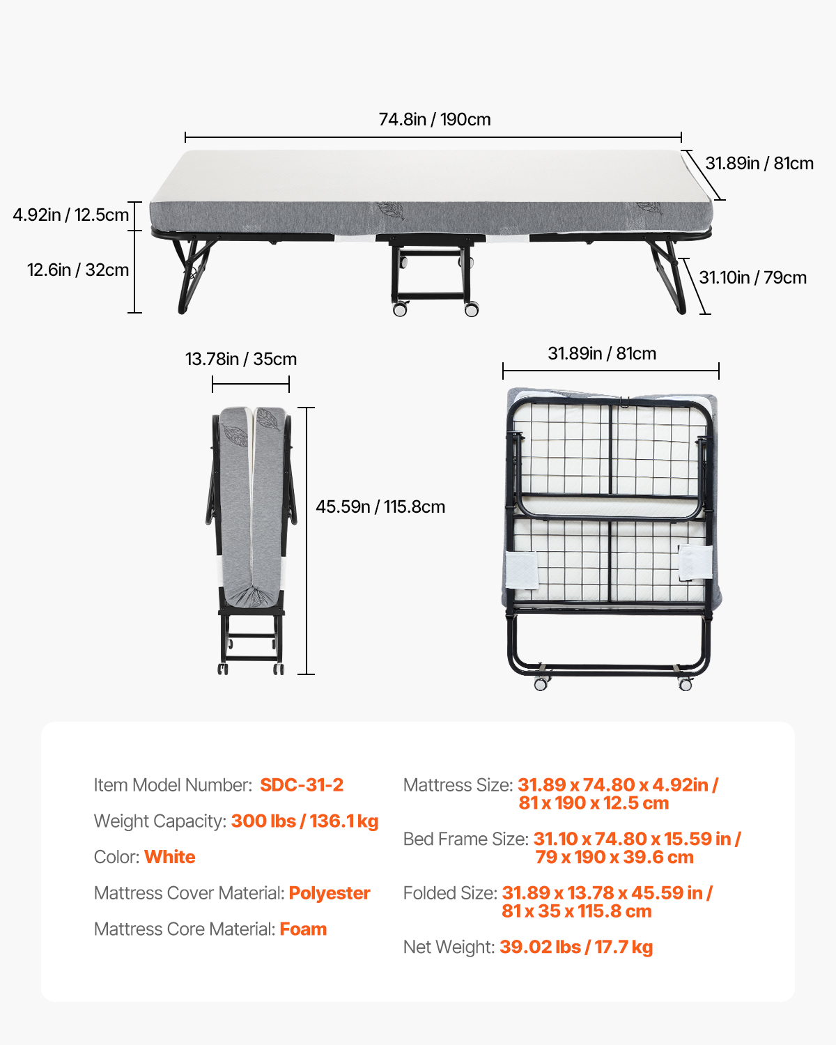Rollaway Bed Folding Bed with 4/5 inches Foam Mattress for Adults and Guest - Picture 43 of 60