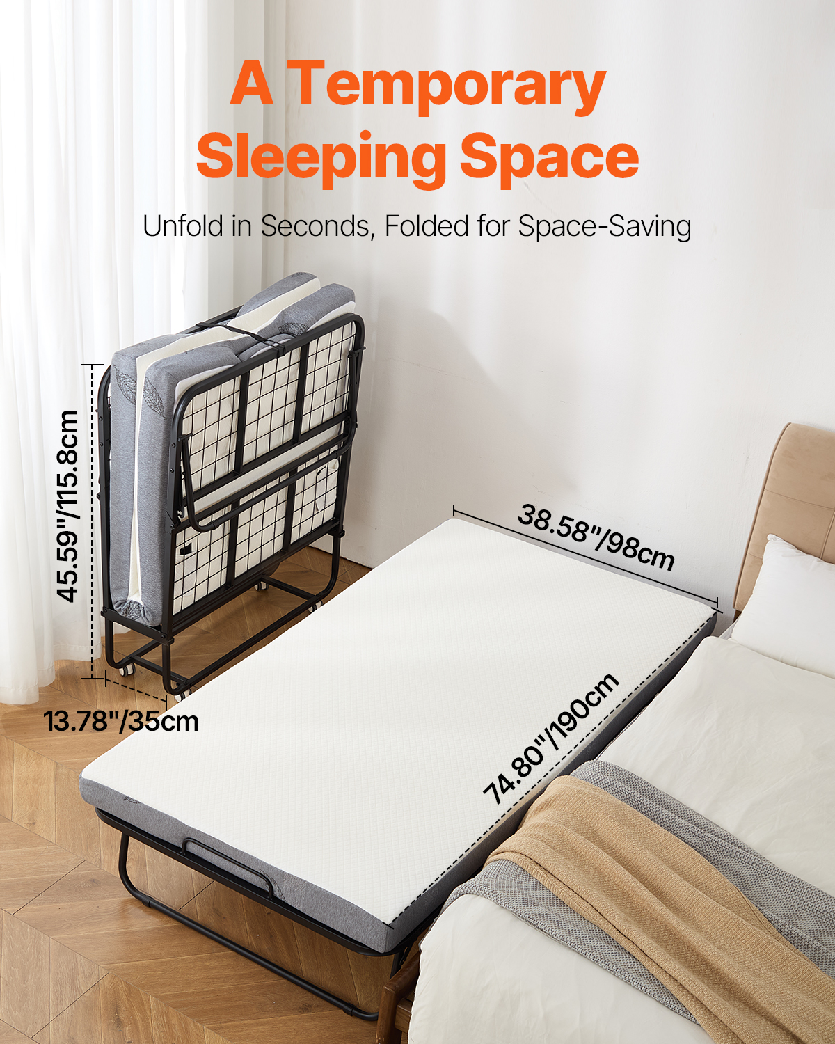 Rollaway Bed Folding Bed with 4/5 inches Foam Mattress for Adults and Guest - Picture 14 of 60