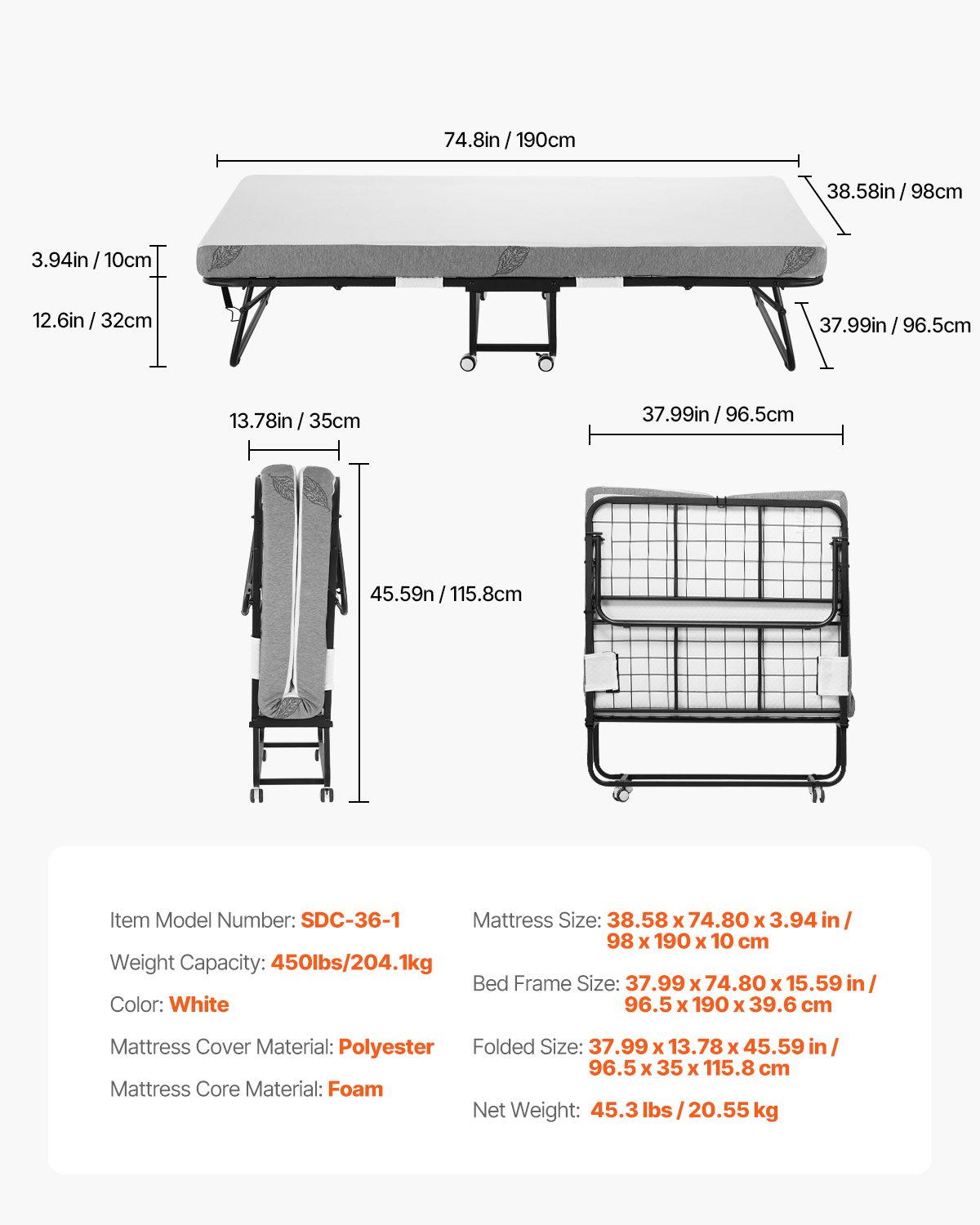 Rollaway Bed Folding Bed with 4/5 inches Foam Mattress for Adults and Guest - Picture 19 of 60