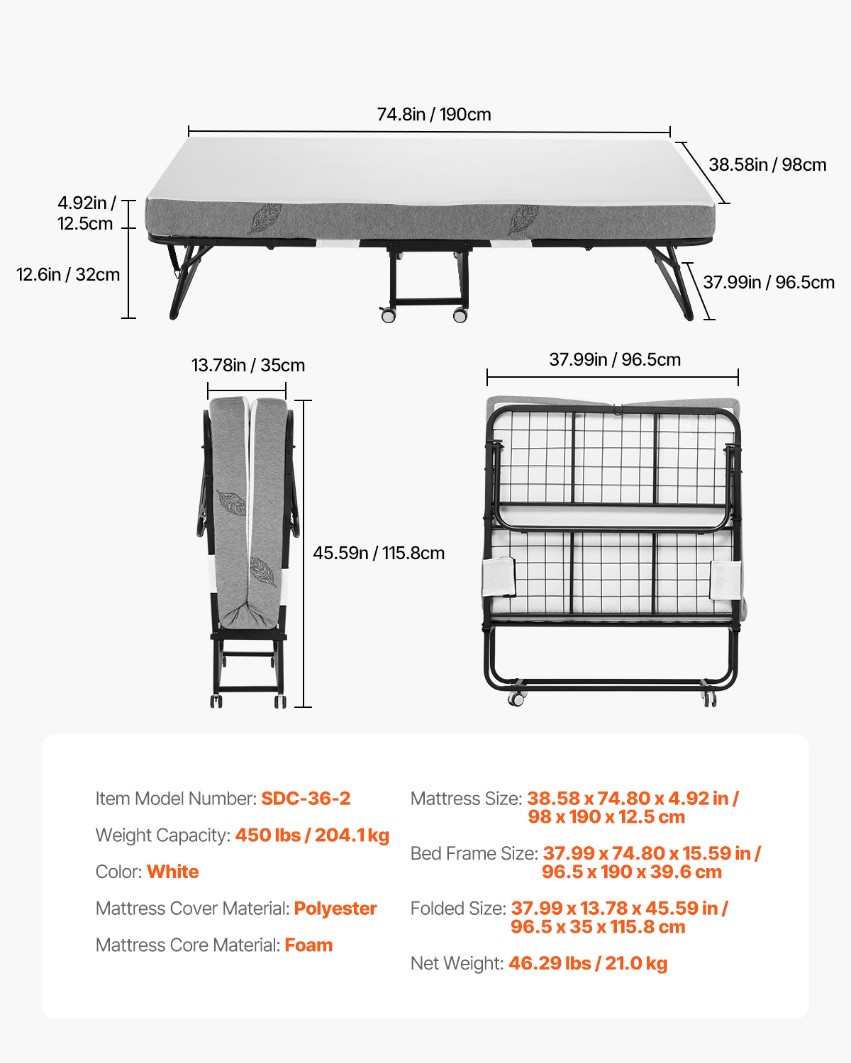 Rollaway Bed Folding Bed with 4/5 inches Foam Mattress for Adults and Guest - Picture 55 of 60