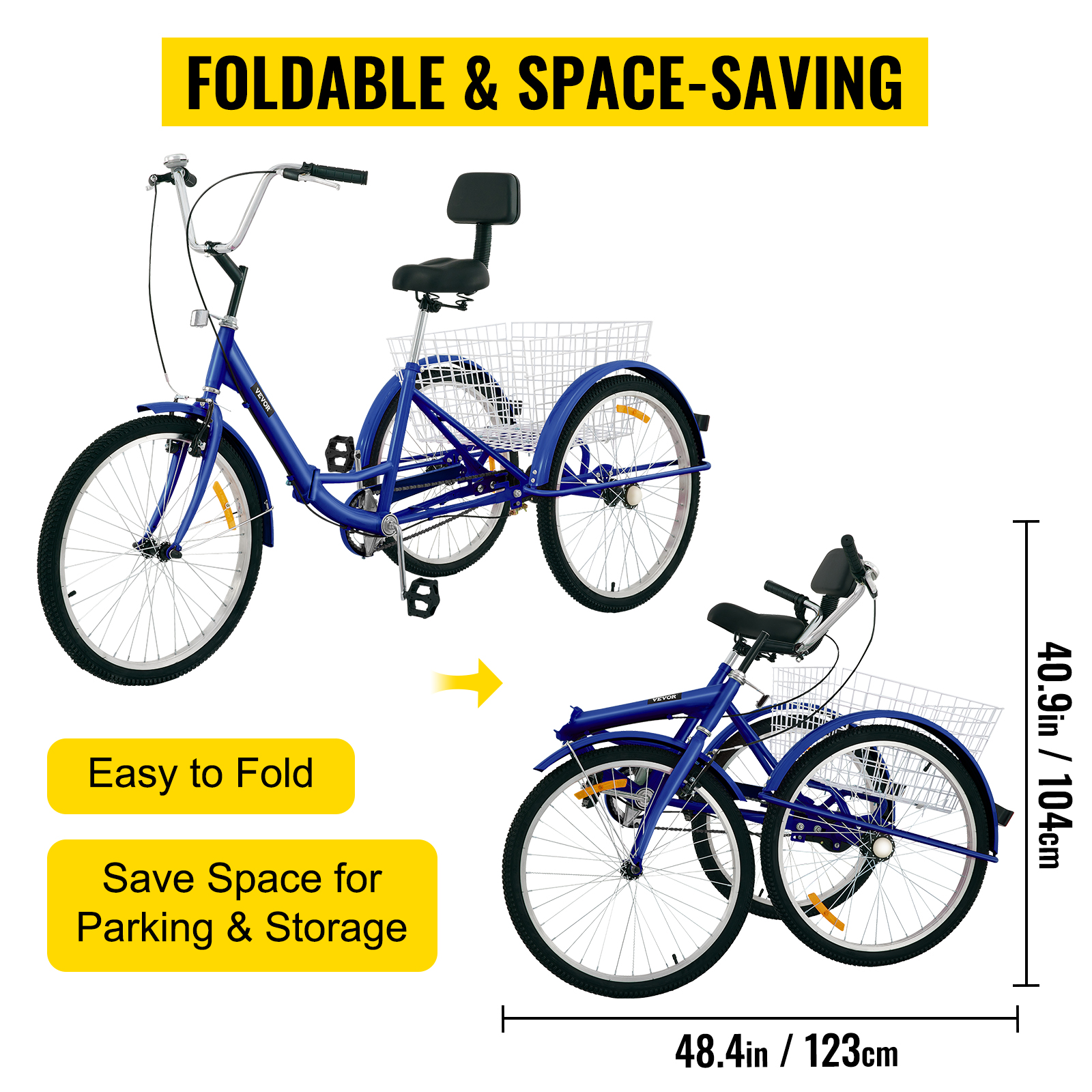 VEVOR Triciclo para adultos, 24 pulgadas, 1 velocidad, 3 ruedas, ejercicio  azul, bicicleta de compras, cesta grande