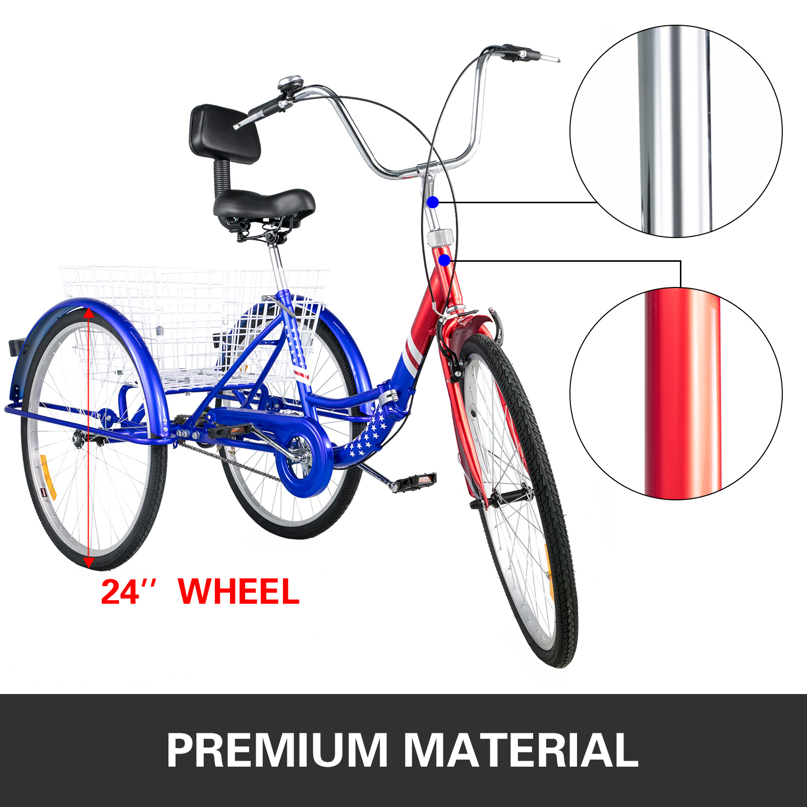 VEVOR Tricycle Adult 24’’ Wheels Adult Tricycle 1-Speed 3 Wheel Bikes For Adults Three Wheel Bike For Adults Adult Trike Adult Folding Tricycle Foldable Adult Tricycle 3 Wheel Bike Trike For Adults