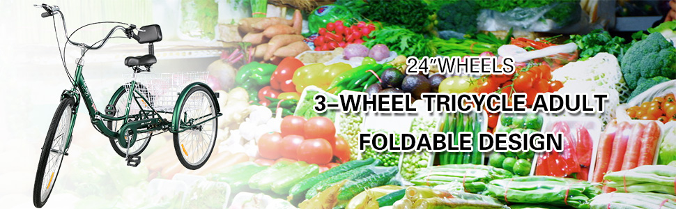 VEVOR Tricycle Adult 24’’ Wheels Adult Tricycle 1-Speed 3 Wheel Bikes For Adults Three Wheel Bike For Adults Adult Trike Adult Folding Tricycle Foldable Adult Tricycle 3 Wheel Bike Trike For Adults