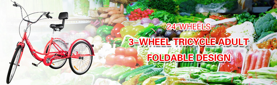 VEVOR Tricycle Adult 24’’ Wheels Adult Tricycle 1-Speed 3 Wheel Bikes For Adults Three Wheel Bike For Adults Adult Trike Adult Folding Tricycle Foldable Adult Tricycle 3 Wheel Bike Trike For Adults 
