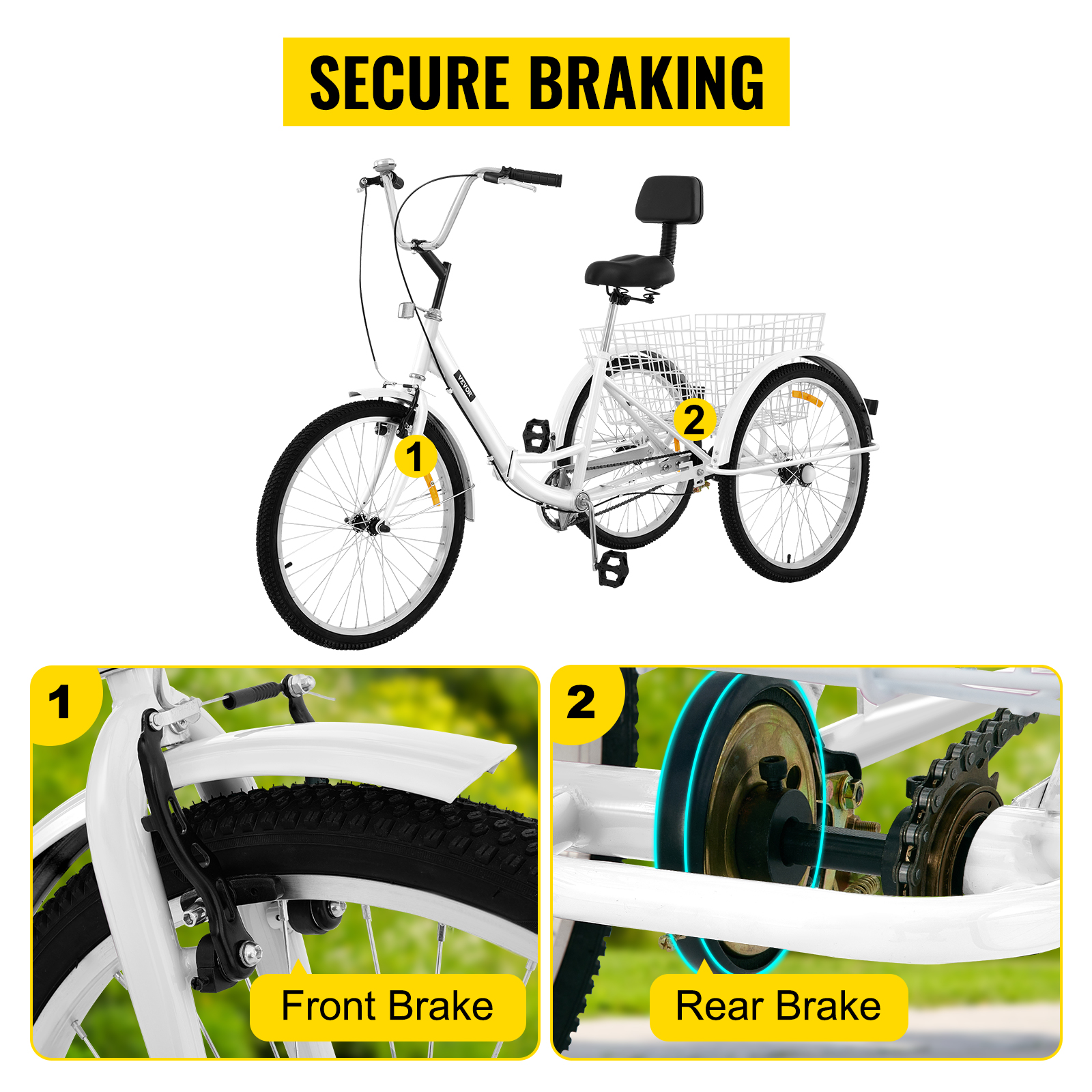 Triciclo VEVOR para adultos, ruedas de 24 pulgadas, triciclo para adultos,  1 velocidad, 3 ruedas, bicicletas