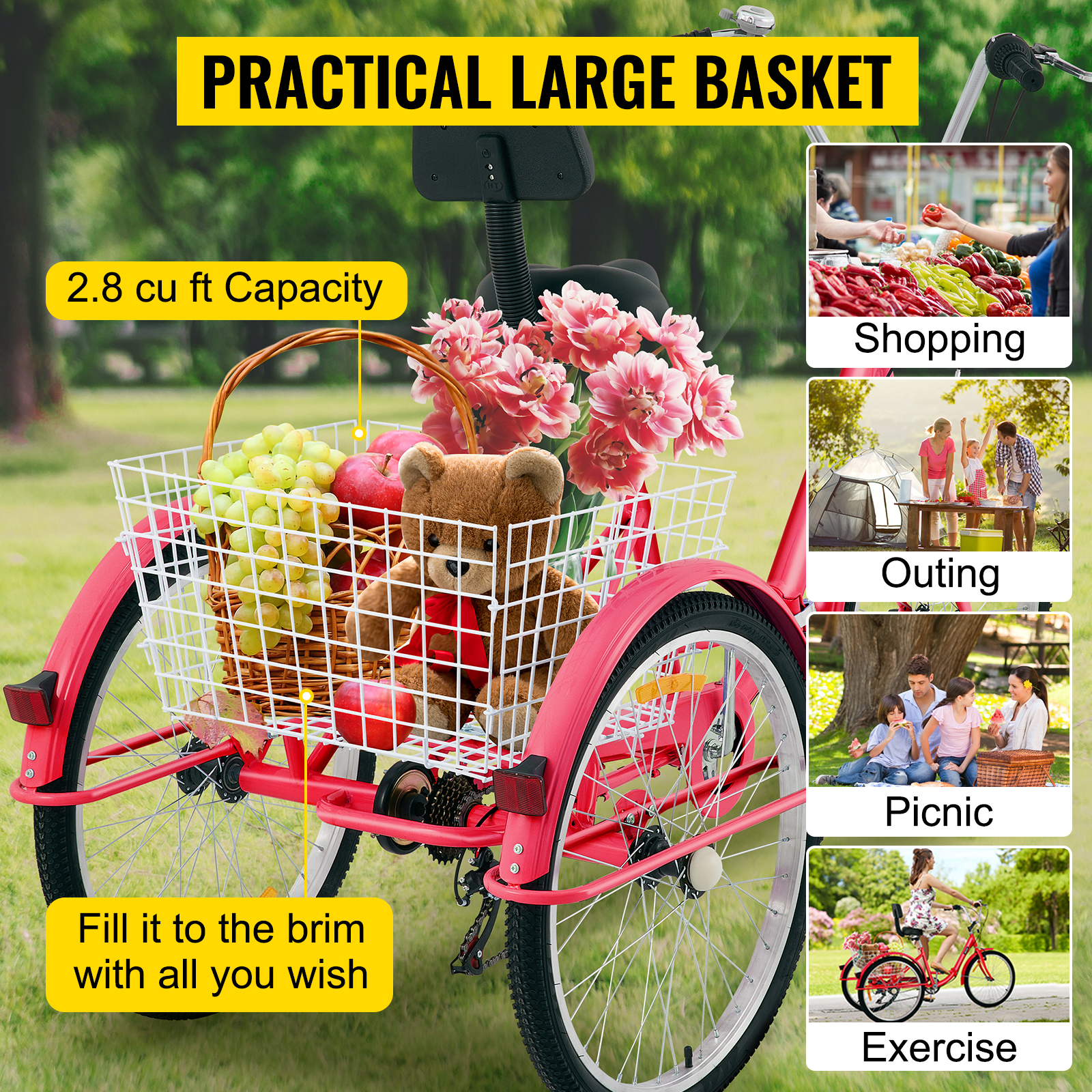 Happybuy Triciclo plegable ruedas de 24 pulgadas, 1 velocidad Trike, 3  ruedas bicicleta colorida con cesta, bicicleta portátil y plegable para  adultos
