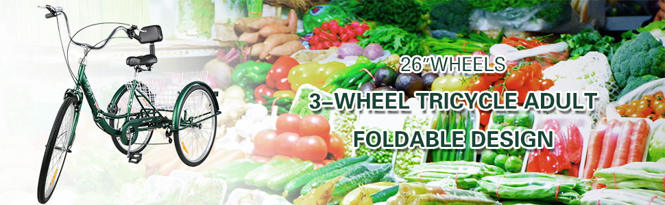 VEVOR Tricycle Adult 26’’ Wheels Adult Tricycle 7-Speed 3 Wheel Bikes For Adults Three Wheel Bike For Adults Adult Trike Adult Folding Tricycle Foldable Adult Tricycle 3 Wheel Bike Trike For Adults