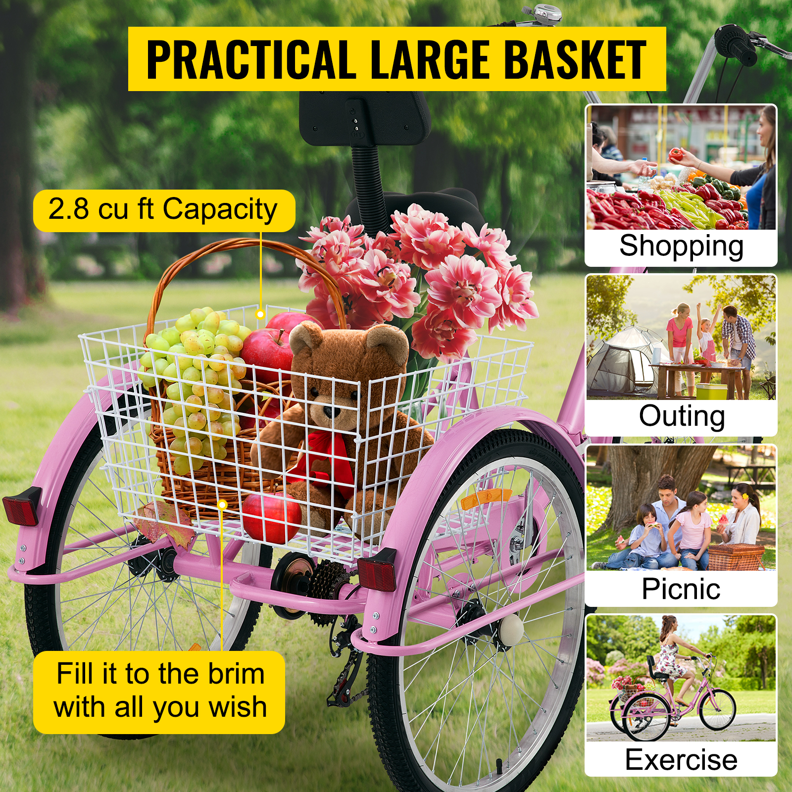 VEVOR Tricycle Adult 26’’ Wheels Adult Tricycle 7-Speed 3 Wheel Bikes For Adults Three Wheel Bike For Adults Adult Trike Adult Folding Tricycle Foldable Adult Tricycle 3 Wheel Bike Trike For Adults