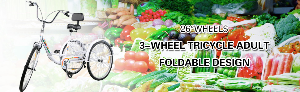 VEVOR Tricycle Adult 26’’ Wheels Adult Tricycle 7-Speed 3 Wheel Bikes For Adults Three Wheel Bike For Adults Adult Trike Adult Folding Tricycle Foldable Adult Tricycle 3 Wheel Bike Trike For Adults