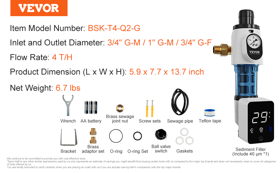 VEVOR Spin Down Filter, 40mikronový celodomový sedimentový filtr pro studniční vodu, 3/4