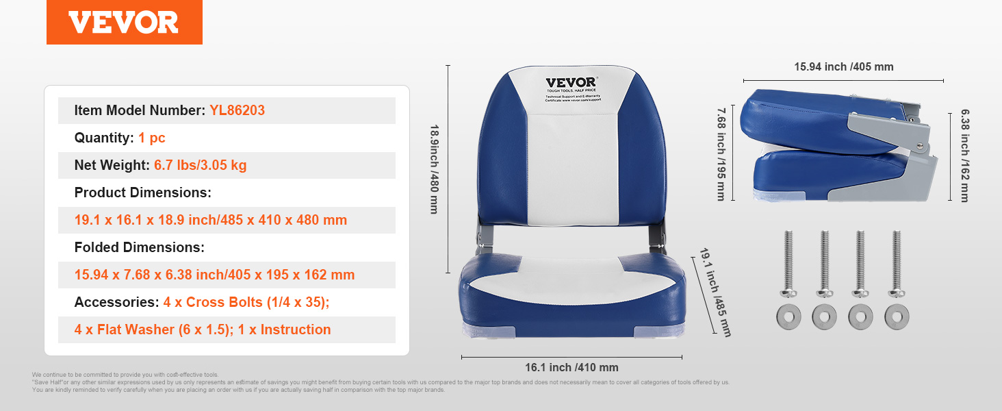 VEVOR Boat Seat, 18.9 Low Back Boat Seat, Folding Boat Chair with  Thickened Sponge Padding and Hinge, Fold-Down Boat Captain Chair for  Fishing Boat, Sightseeing Boat, Speedboat, Canoe, 1-Piece