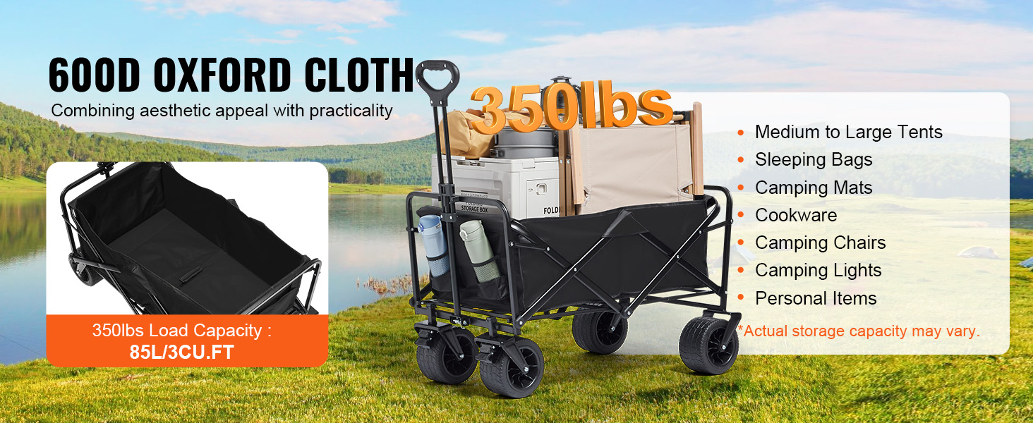 Carrello Pieghevole Da 200 Kg Per Campeggio E Spiaggia – Ruote Grandi 7″ Fuoristrada, Maniglia Regolabile, 150 Litri – Con Borsa E Corde