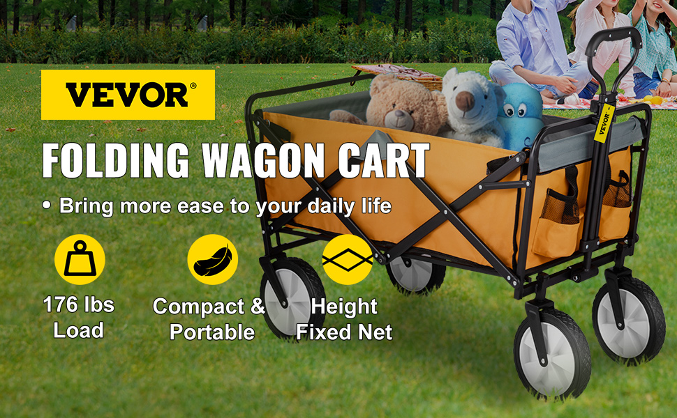 VEVOR Wagon Cart Folding Wagon Cart with 176lbs Load Outdoor Utility Wagon w/Adjustable Handle - Orange