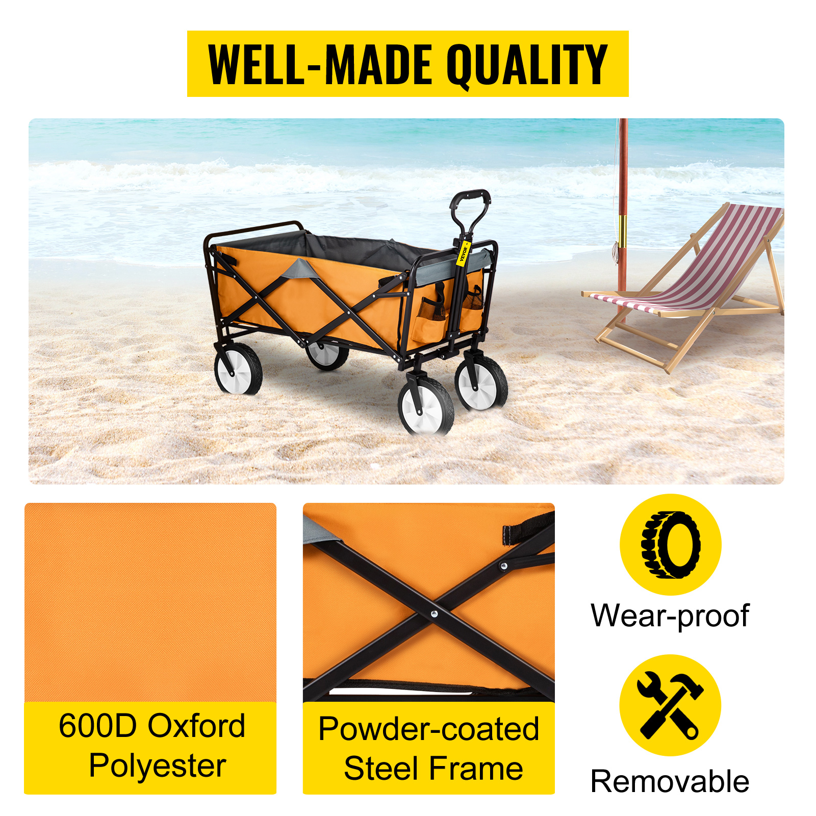 Carrito de playa, carrito de playa plegable de aluminio para jardín,  carrito de arena con ruedas de playa grandes sin aire de 12 pulgadas,  carrito de