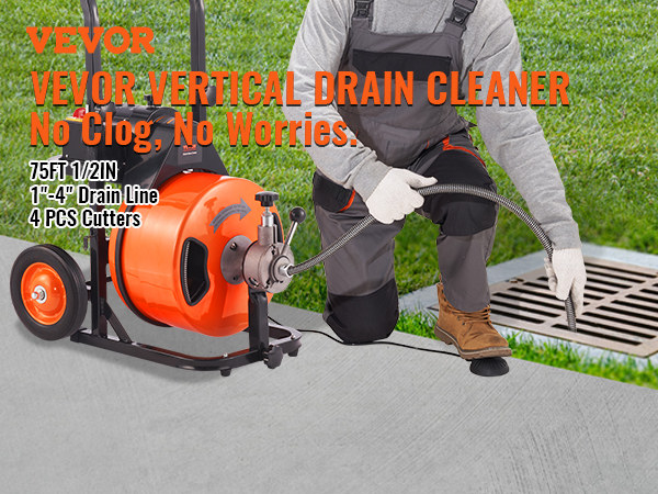 VEVOR Drain Cleaner Machine 75ft x 1/2 in, Drain Cleaning Machines 370W Drain Auger for 1 inch to 4 inch Pipes Electric Drain Snake Drill, Red