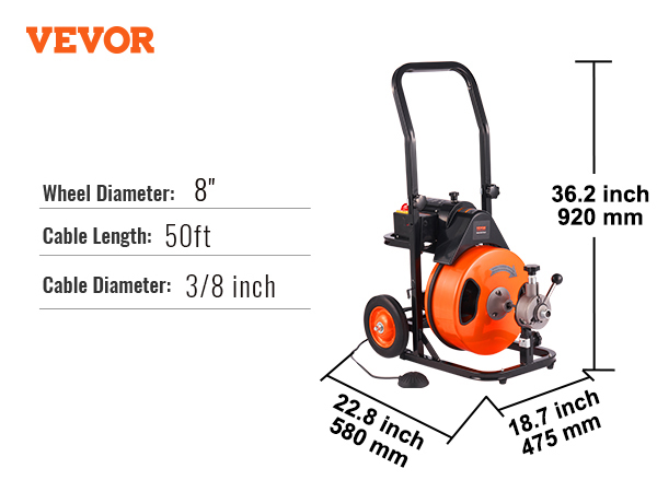 VEVOR Drain Cleaning Machine 50 FT x 3/8 Inch, Sewer Snake Machine Auto  Feed, Drain Auger Cleaner with Cutter  Air-Activated Foot Switch for 1