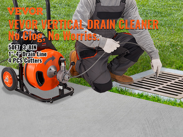 VEVOR Drain Cleaning Machine 75 ft x 1/2 inch, Sewer Snake Machine Auto Feed, Drain Auger Cleaner with 4 Cutter & Air-Activated Foot Switch for 1