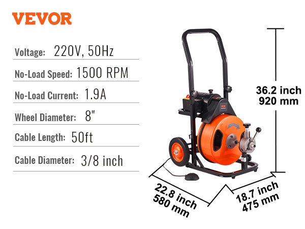 Drain Cleaner Machine,50 FT x 3/8 In,with 4 Cutters