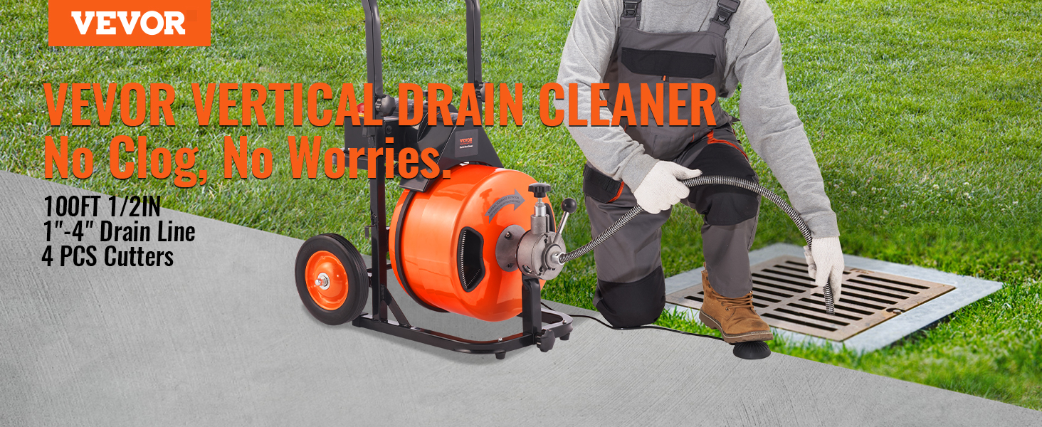 Drain Cleaner Machine,100 FT x 1/2 In,with 4 Cutters