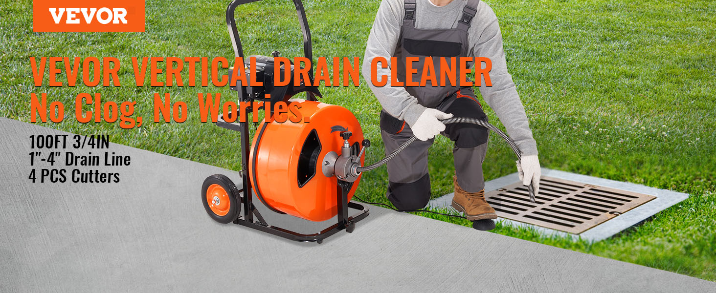 VEVOR Drain Cleaning Machine 75 ft x 1/2 inch, Sewer Snake Machine Auto Feed, Drain Auger Cleaner with 4 Cutter & Air-Activated Foot Switch for 1