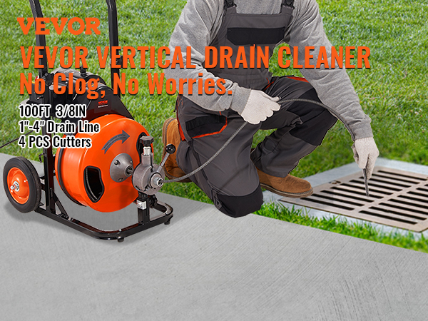 VEVOR Drain Cleaning Machine 100FT x 3/8 Inch, Sewer Snake Machine Auto  Feed, Drain Auger Cleaner with 4 Cutter & Air-Activated Foot Switch for 1  to