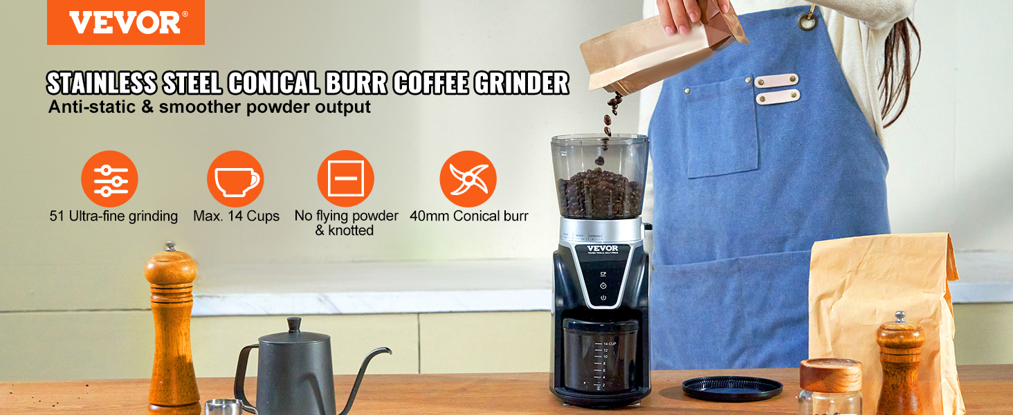 VEVOR Conical Burr Grinder, Electric Adjustable Burr Mill with 51 Precise  Grind Setting, 9.7-Ounce 13 Cups Coffee Bean Grinder, Perfect for Drip,  Mocha, Hand Brew, French Press, Espresso, Silver
