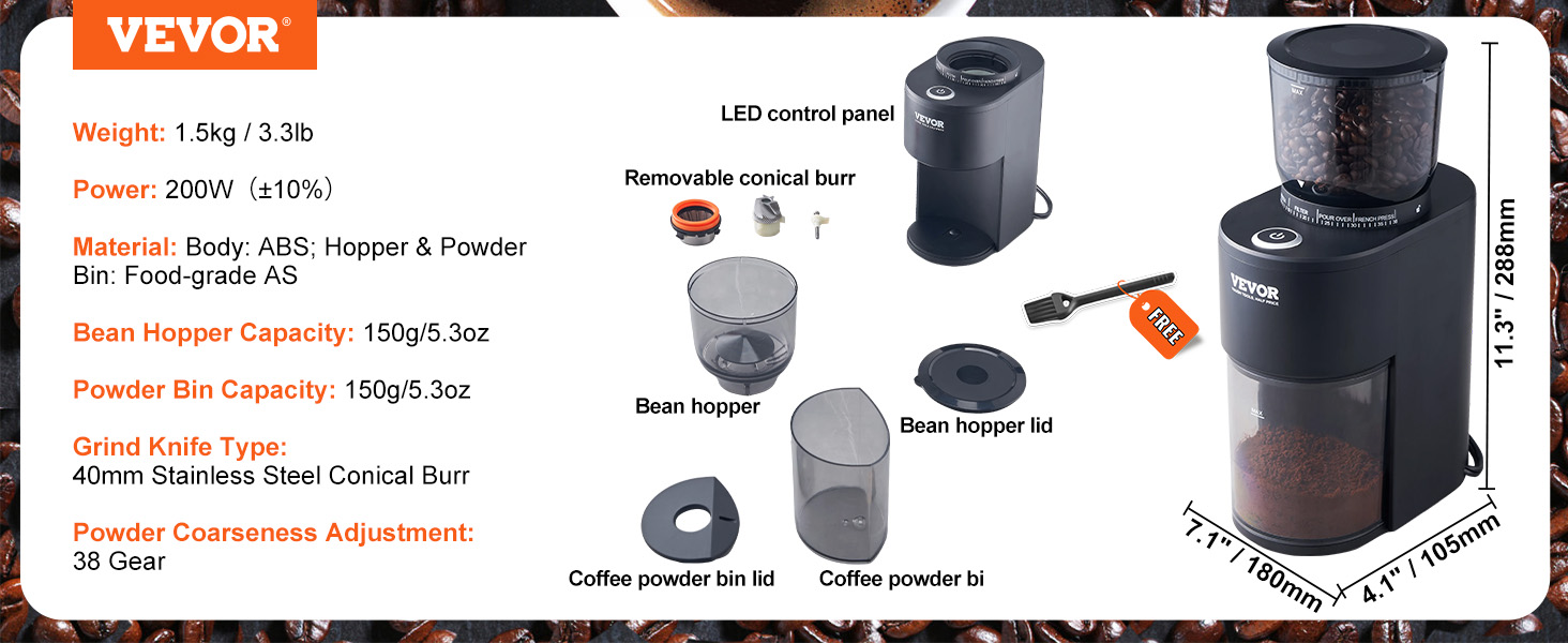 Wirsh Coffee Grinder – with 5.3oz. Stainless Steel Removable Bowl, 200W Electric Grinder