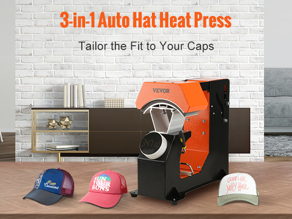 VEVOR Hat Heat Press with 4pcs Interchangeable  Platens(6x3/6.7x2.7/6.7x3.8/8.1x3.5), Cap Heat Press for Stuctured  Hats, Rigid Steel Frame No