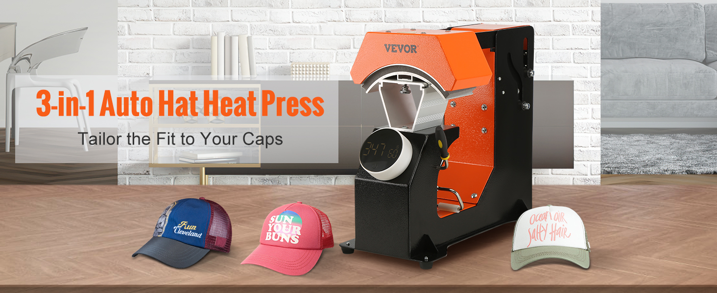 VEVOR 3-in-1 Auto Hat Heat Press with 3pcs Interchangeable Platens(6.6 x  2.7, 6.6 x 3.8, 6.1 x 3), Automatic Release&Press Knob-Style Digital  Control Panel, Heat Transfer Printing for Caps