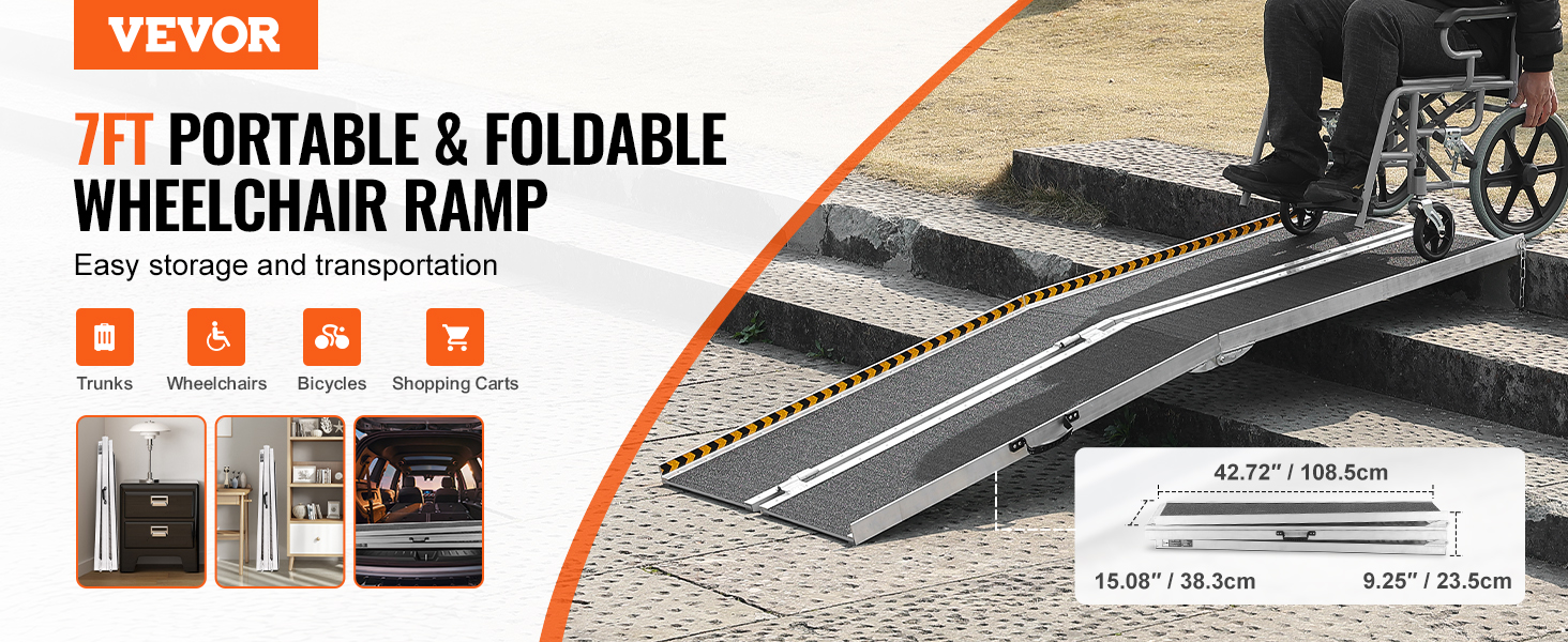 VEVOR Portable Wheelchair Ramp, 7 ft 800 lbs Capacity, NonSlip Aluminum Folding Threshold Ramp